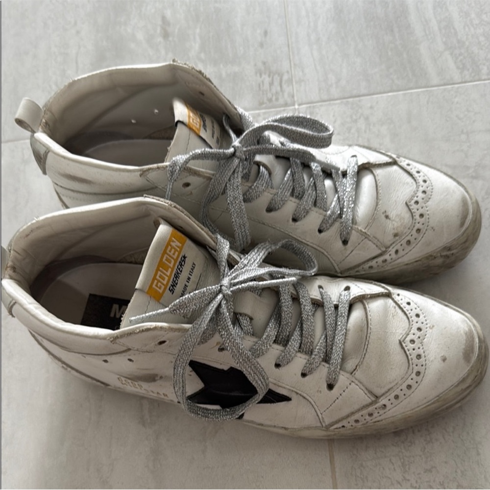 Golden Goose White Sneakers with Silver Laces and Black Star